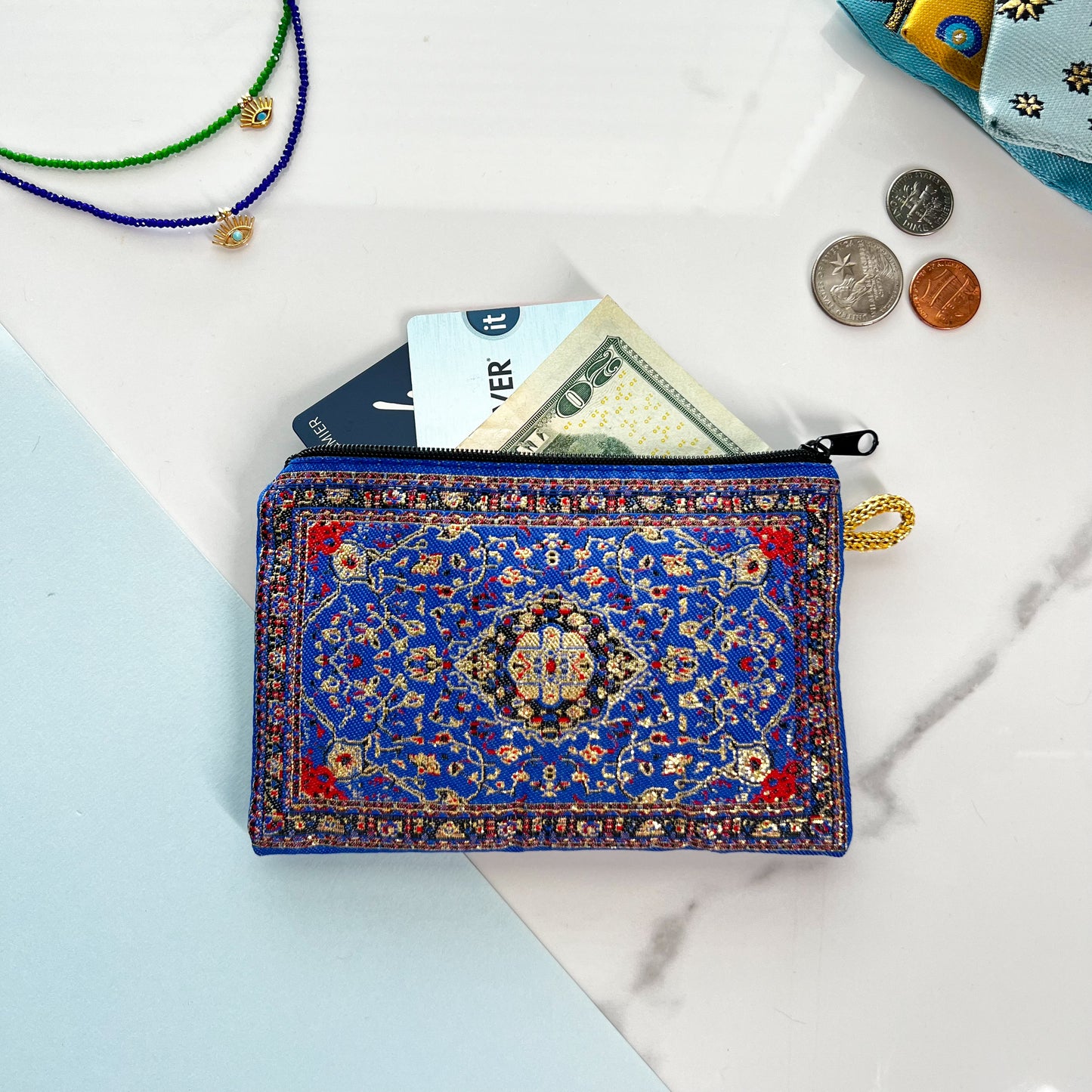 Blue Coin Purse, Fabric Pouch, Zipper Purse, Change Pouch