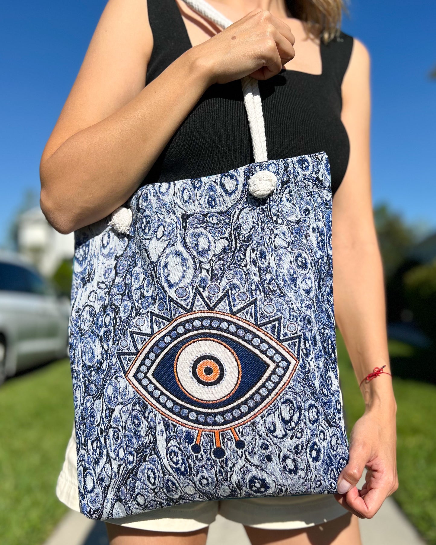 Evil Eye Beach Bag, Tote Bag for Women, Boho Shoulder Bag