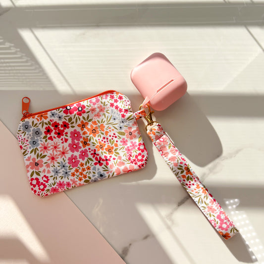Pink Floral Coin Purse with Wristlet, Handmade Pouch