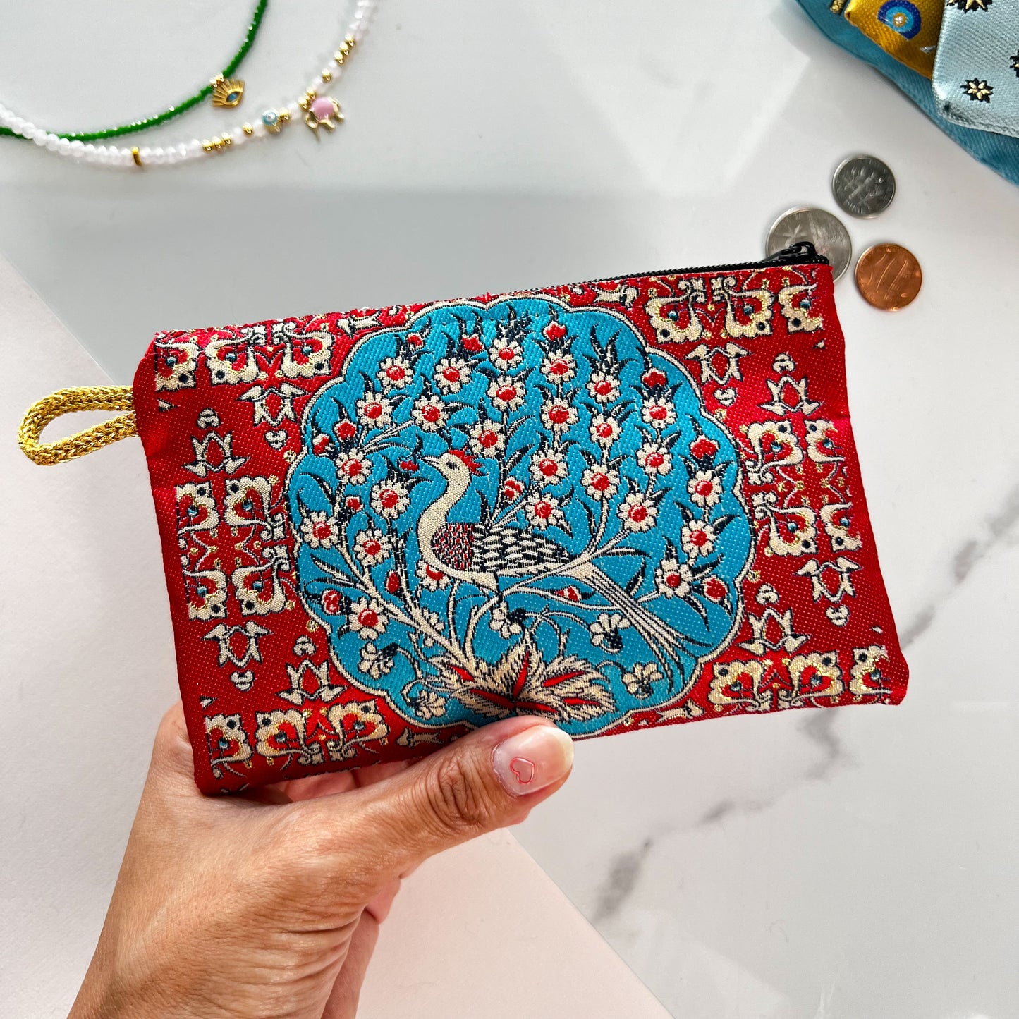 Peacock Design Coin Purse, Cute Handmade Fabric Pouch