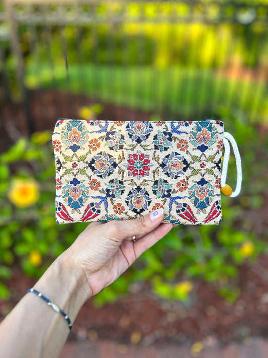 Floral Coin Purse, Woven Fabric Pouch, Travel Purse
