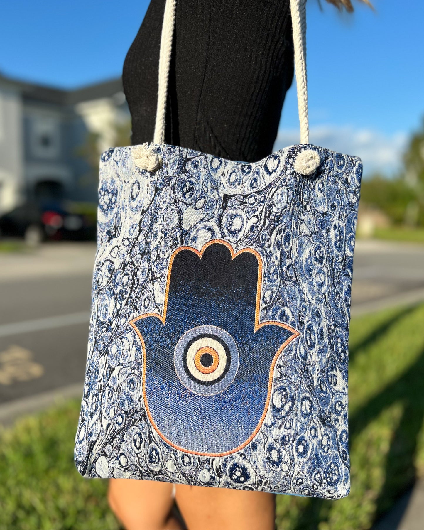 Hamsa Hand Shoulder Bag, Woven Fabric Tote Bag