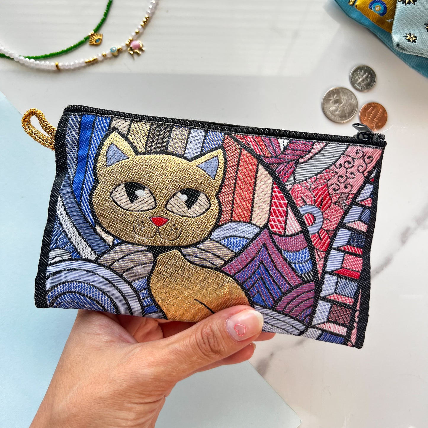 Cat Design Coin Purse, Small Coin Purse, Fabric Pouch