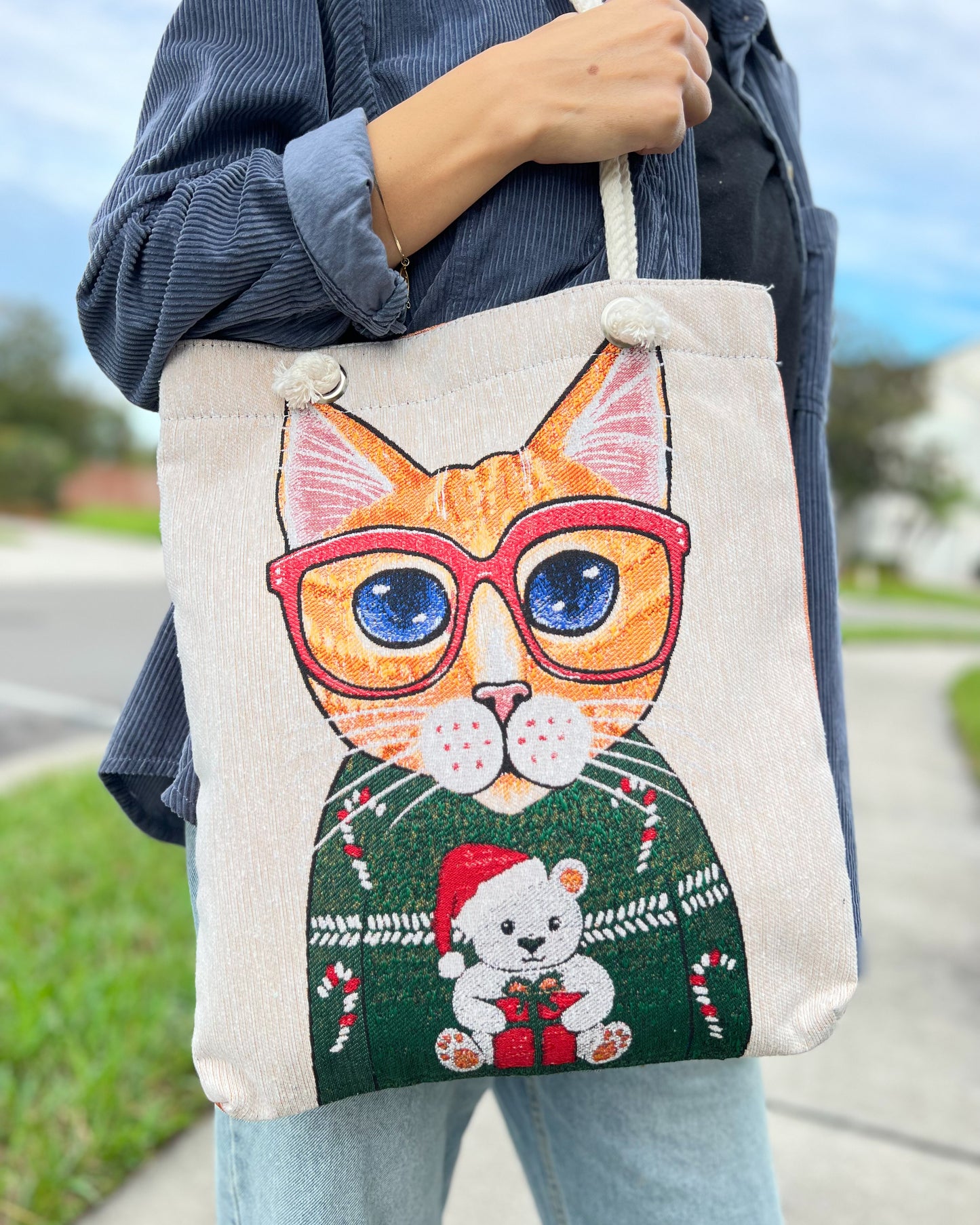 Cat Design Tote Bag, Boho Tote Bag