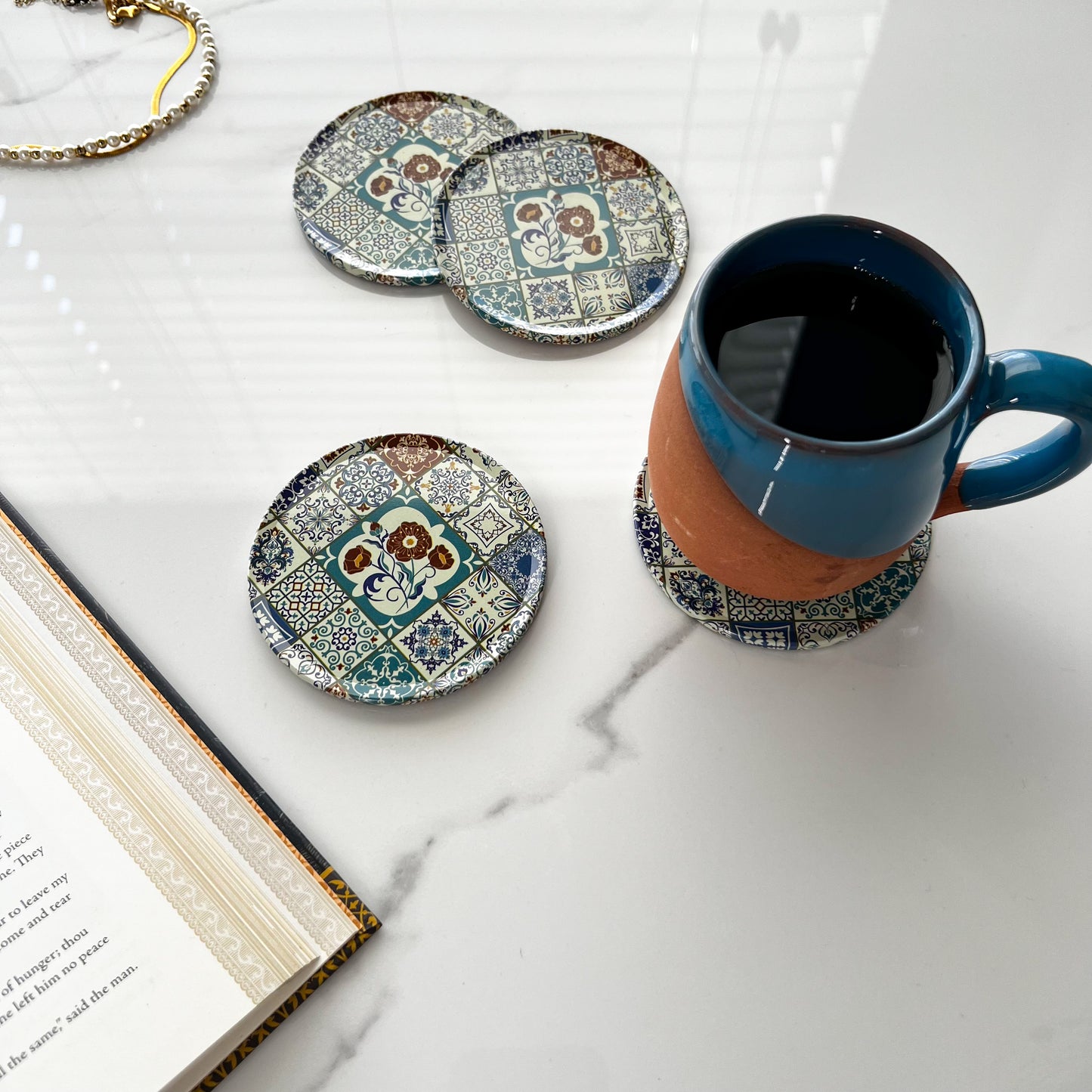 Mediterranean Coaster, Boho Office Decor, Floral Coaster