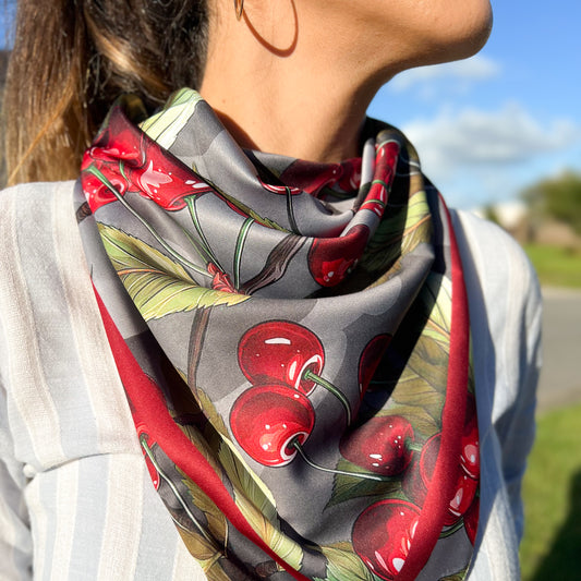 Cute Bandana, Cherry Bandana, Soft Satin Bandana