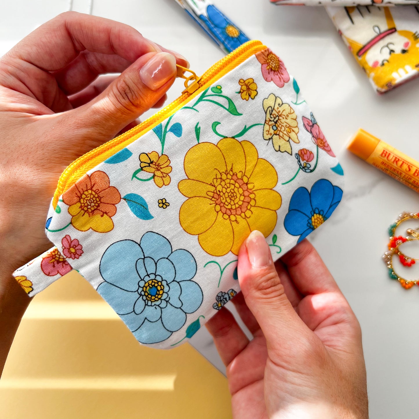 Floral Fabric Pouch with Wristlet, Keychain Wristlet