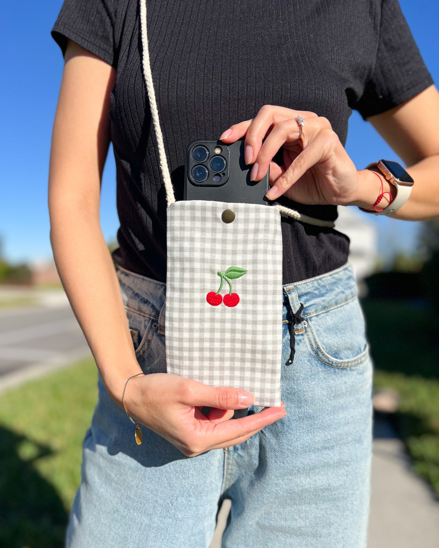 Cherry Phone Bag, Embroidery Purse, Small Bag for Travel