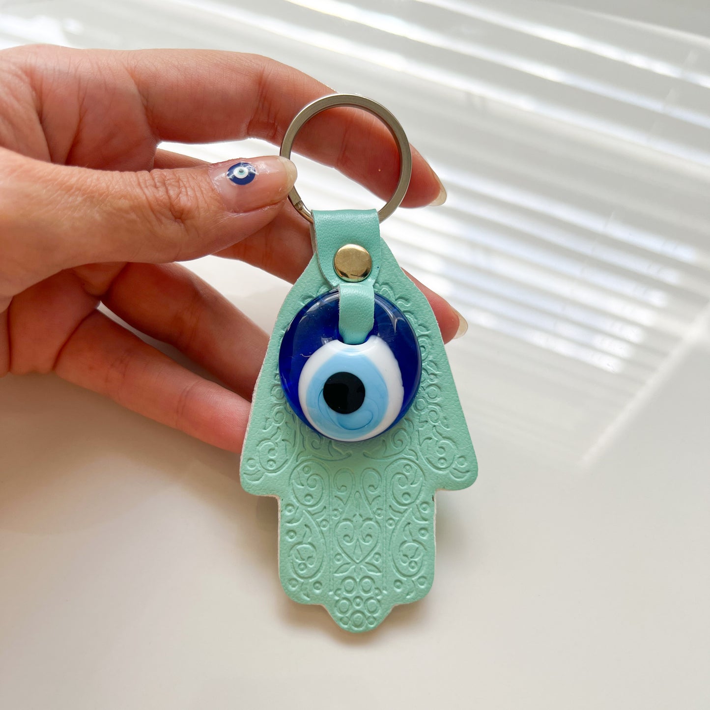 Evil Eye Keyring, Hamsa Hand Keychain with Leather