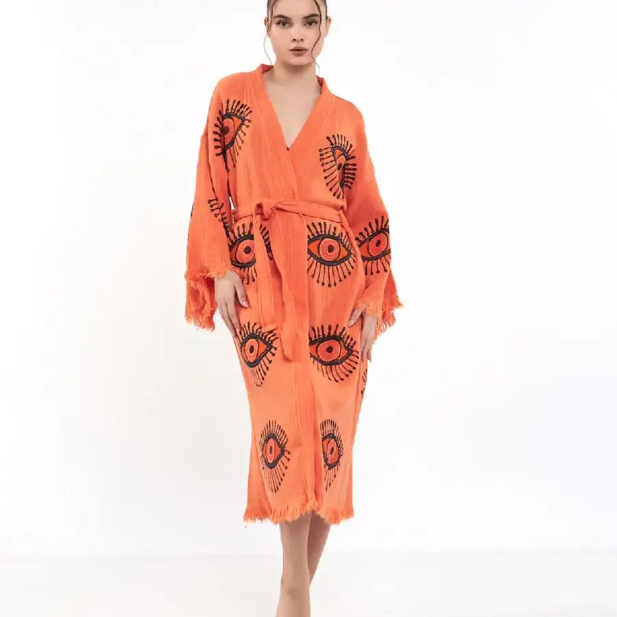 %100 Cotton Kimono, Evil Eye Robe, Boho Kimono