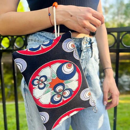 Evil Eye Clutch Purse, Boho Slim Wallet with Wristlet