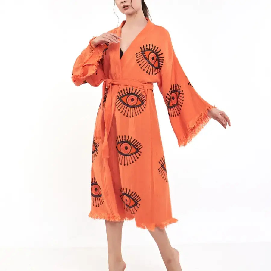 %100 Cotton Kimono, Evil Eye Robe, Boho Kimono