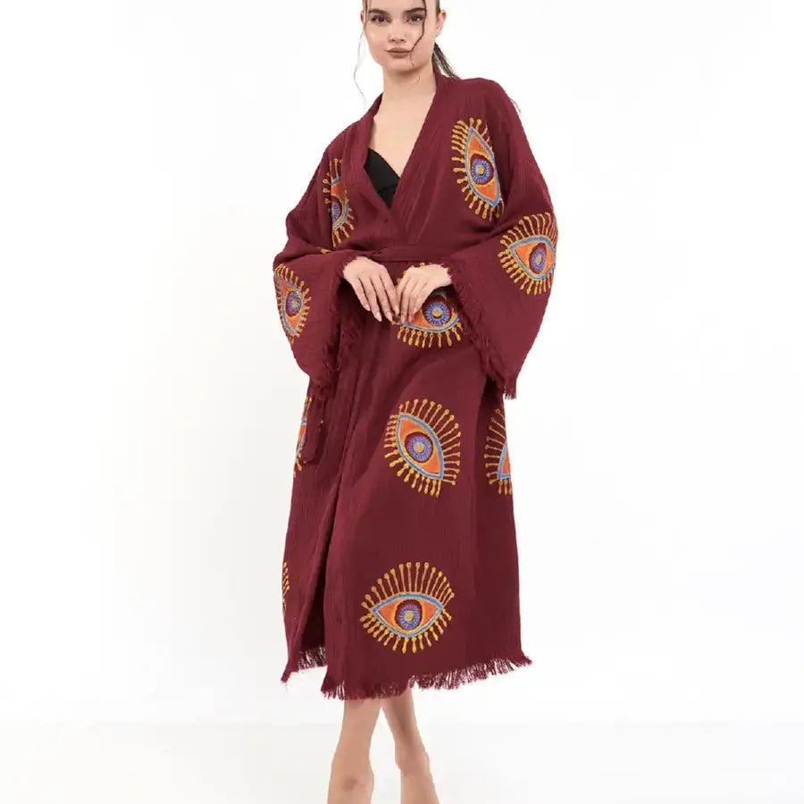 Long Evil Eye Kimono, Organic Cotton Kimono, Kaftan Kimono