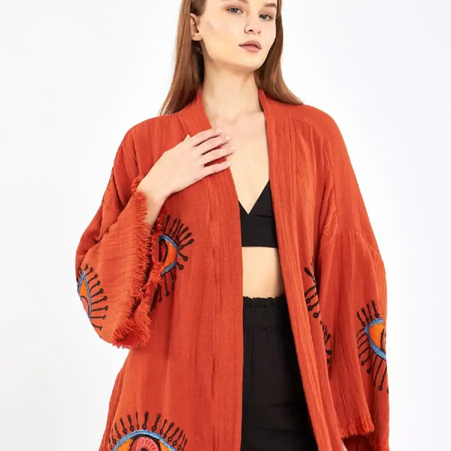 Long Cotton Kimono, Evil Eye Robe, Organic Cotton Kimono