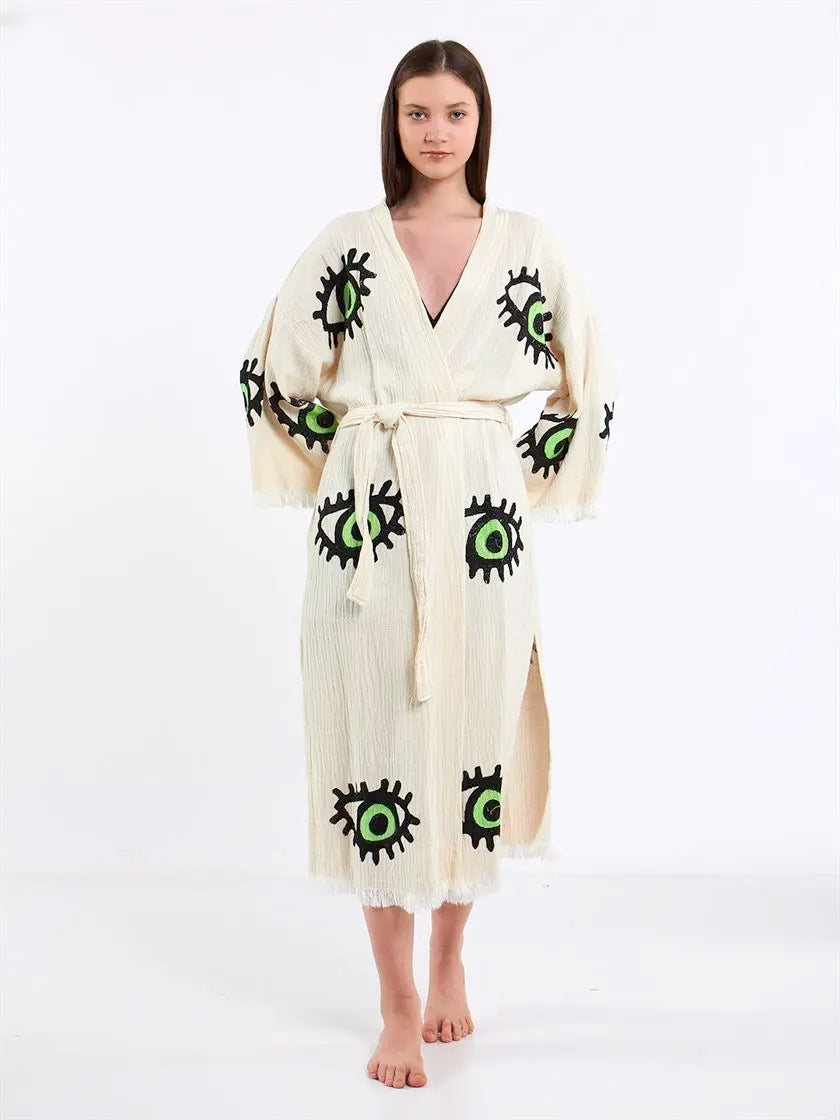 Green Eye Kimono, Turkish Cotton Robe, Long Kimono for Women