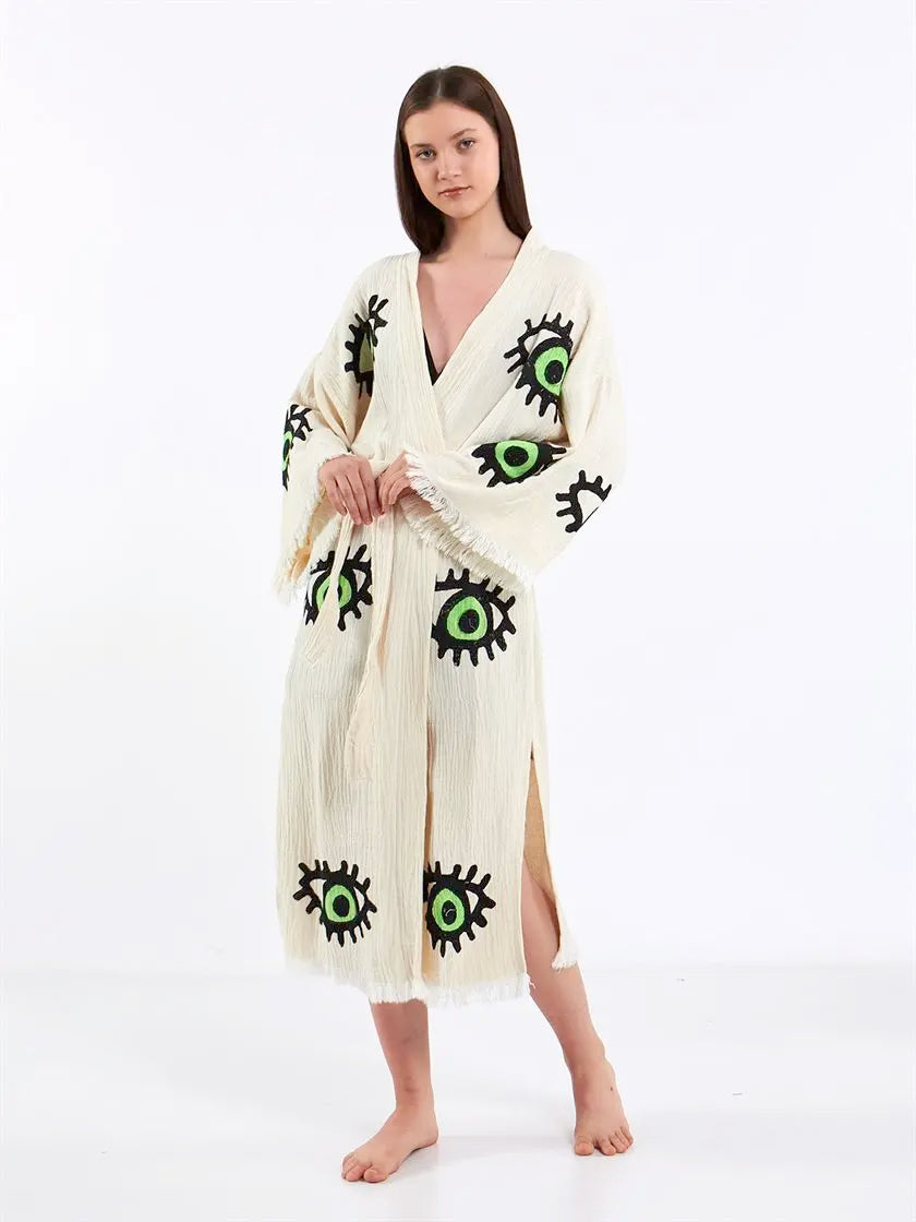 Green Eye Kimono, Turkish Cotton Robe, Long Kimono for Women
