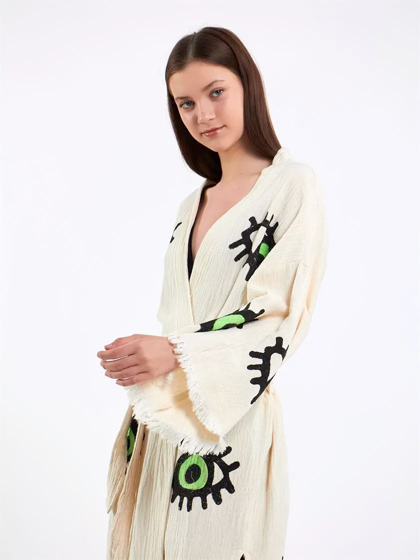 Green Eye Kimono, Turkish Cotton Robe, Long Kimono for Women