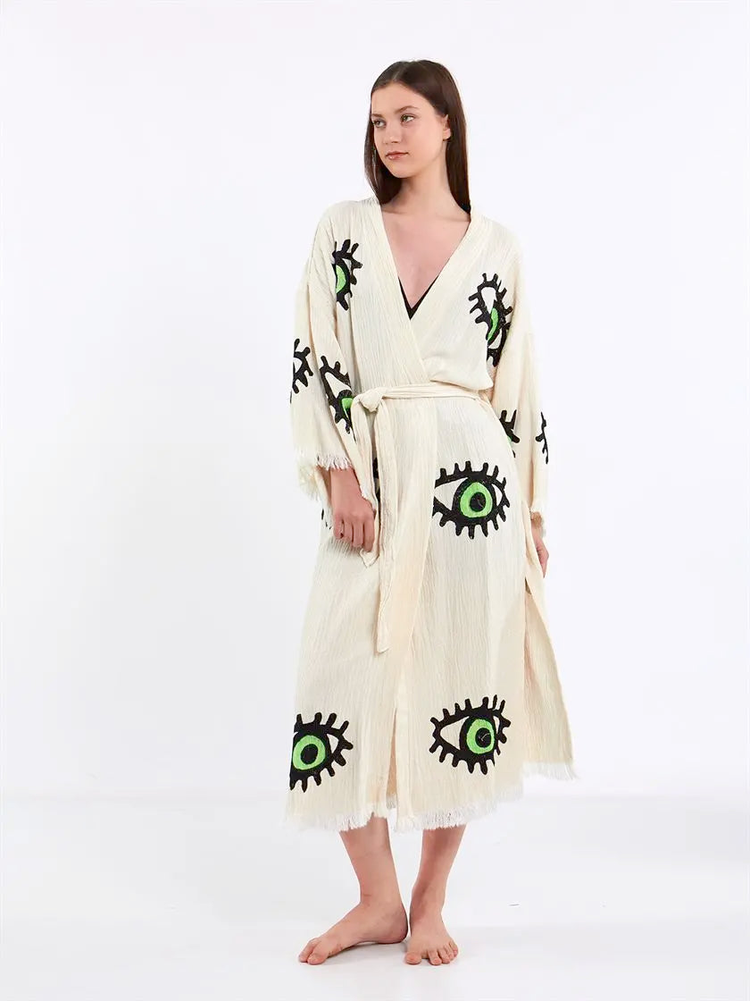 Green Eye Kimono, Turkish Cotton Robe, Long Kimono for Women