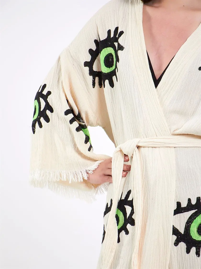Green Eye Kimono, Turkish Cotton Robe, Long Kimono for Women