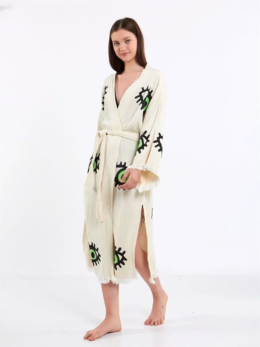 Green Eye Kimono, Turkish Cotton Robe, Long Kimono for Women