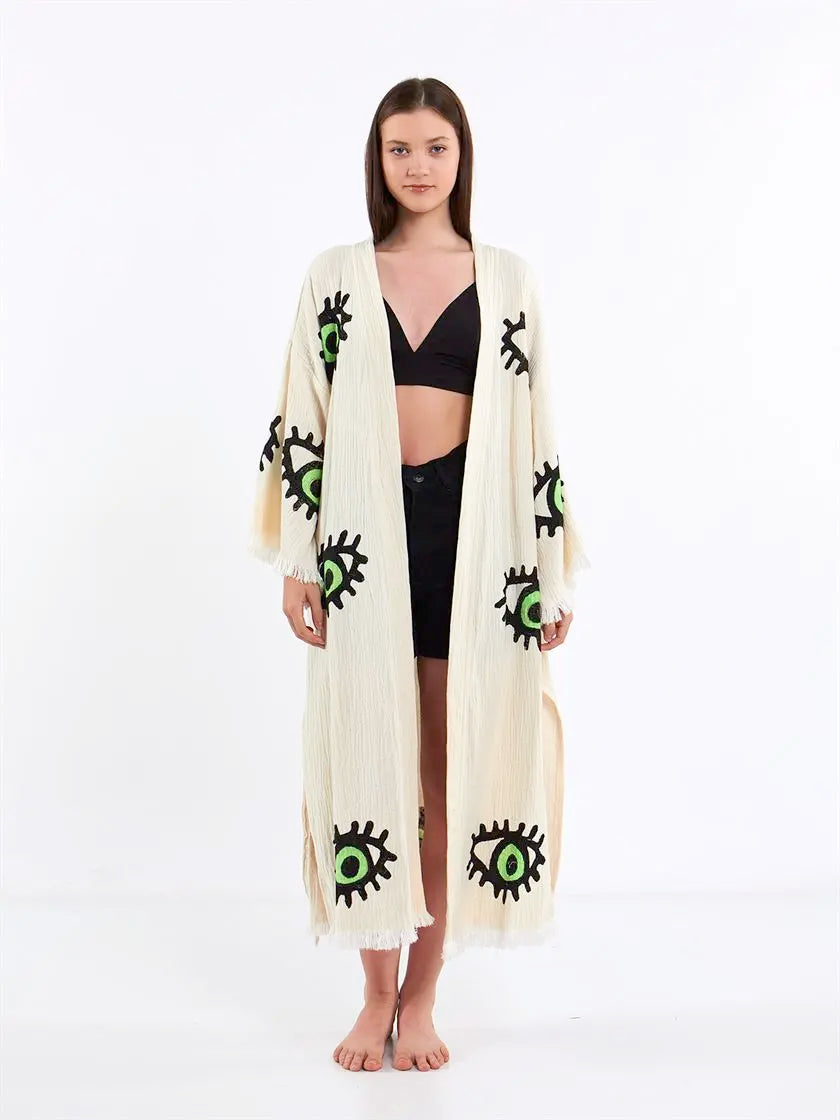 Green Eye Kimono, Turkish Cotton Robe, Long Kimono for Women