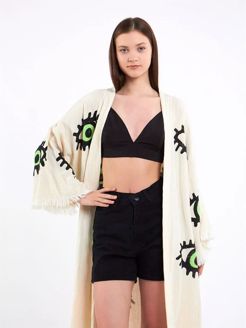 Green Eye Kimono, Turkish Cotton Robe, Long Kimono for Women