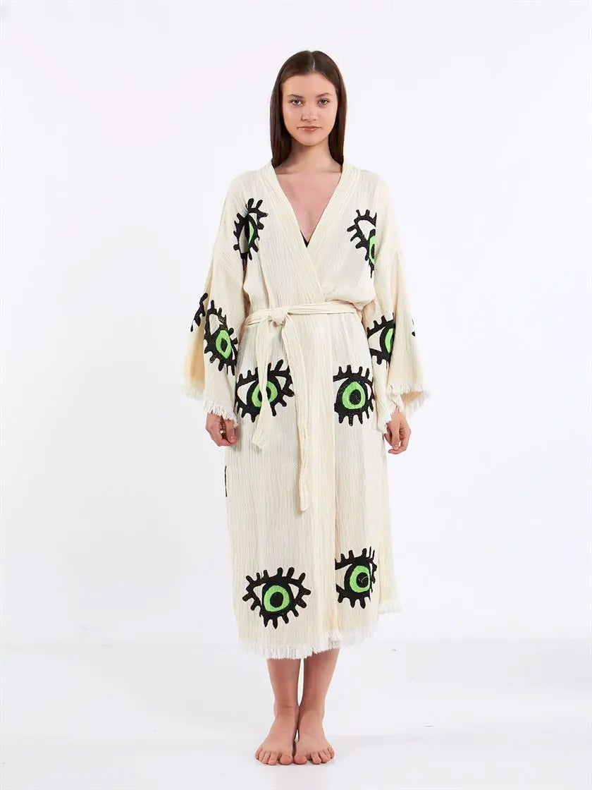 Green Eye Kimono, Turkish Cotton Robe, Long Kimono for Women