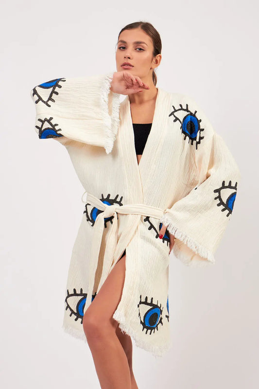 Organic Cotton Kimono, Evil Eye Robe, Boho Kafthan