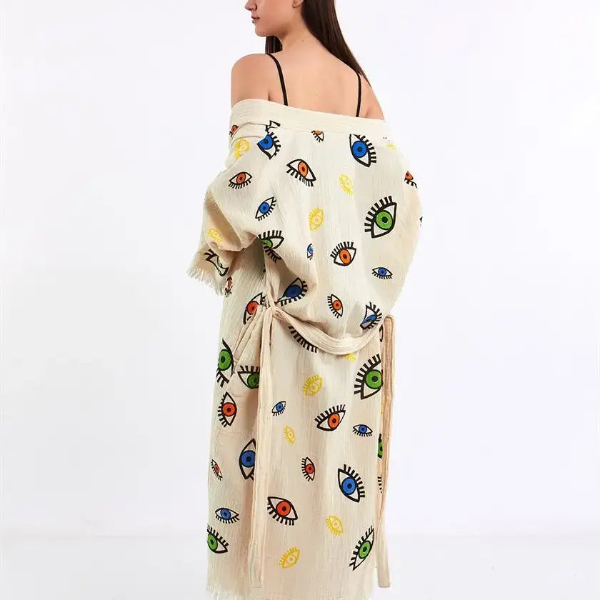 Organic Cotton Colorful Evil Eye Kimono, Long Robe