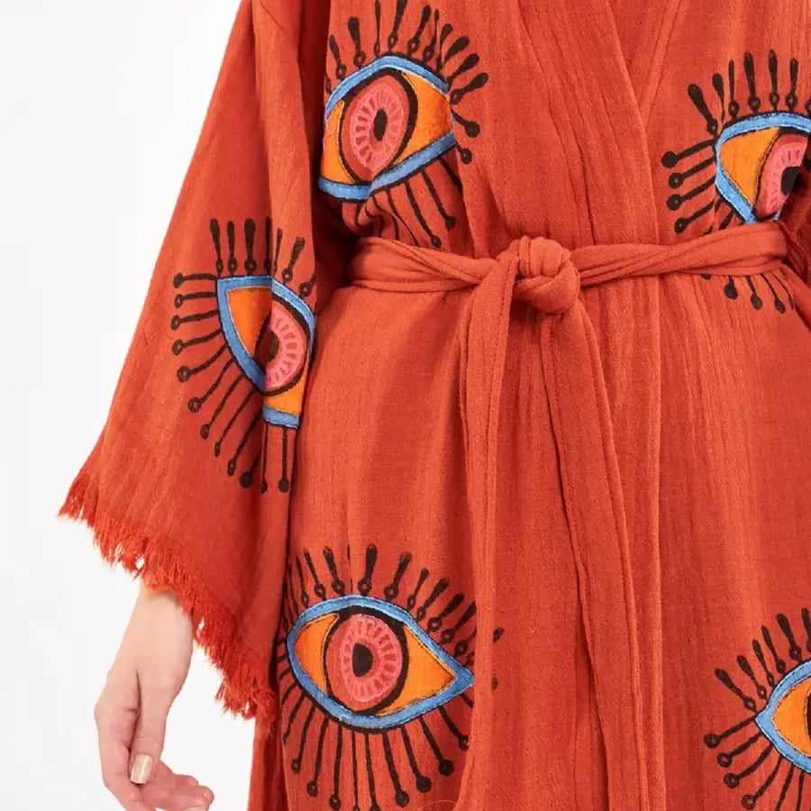 Long Cotton Kimono, Evil Eye Robe, Organic Cotton Kimono
