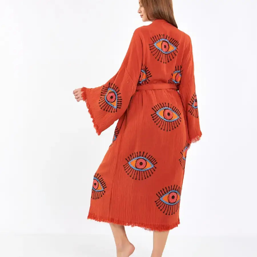 Long Cotton Kimono, Evil Eye Robe, Organic Cotton Kimono