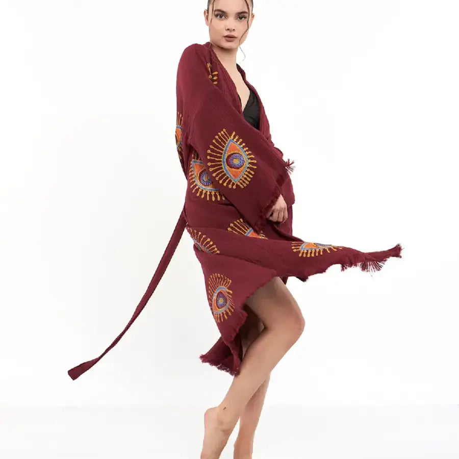 Long Evil Eye Kimono, Organic Cotton Kimono, Kaftan Kimono