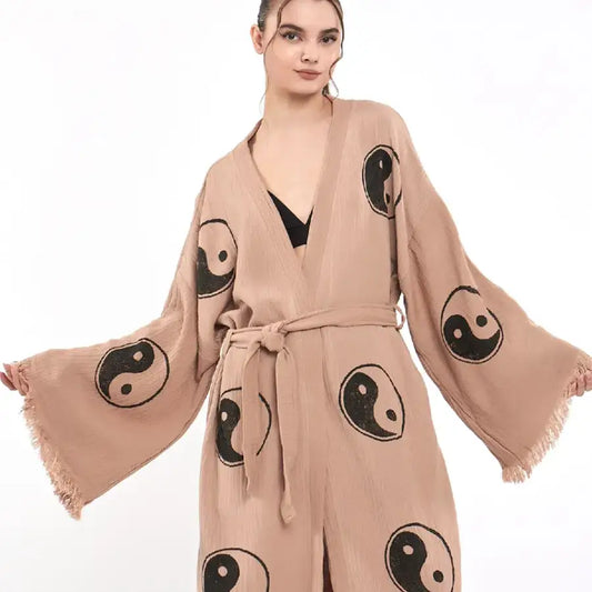 Block Print Yin Yang Cotton Kimono, Long Kimono