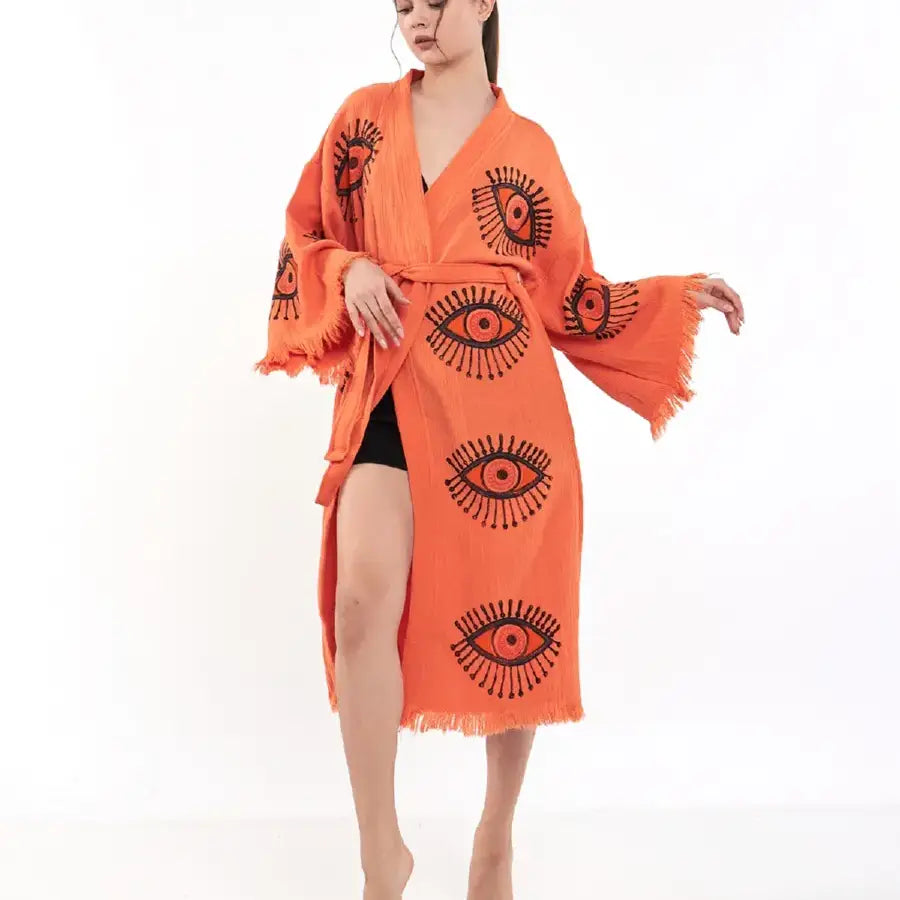 %100 Cotton Kimono, Evil Eye Robe, Boho Kimono