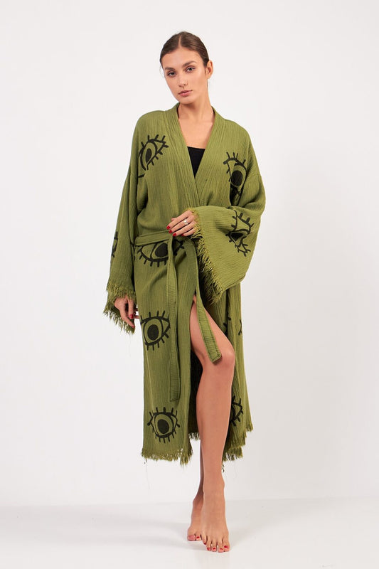 Green Evil Eye Kimono, Luxury Robe, Turkish Cotton Robe