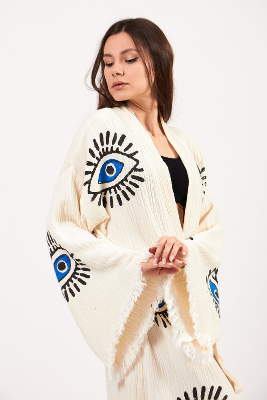Evil Eye Robe, Cotton Kimono, Handmade Kimono for Women