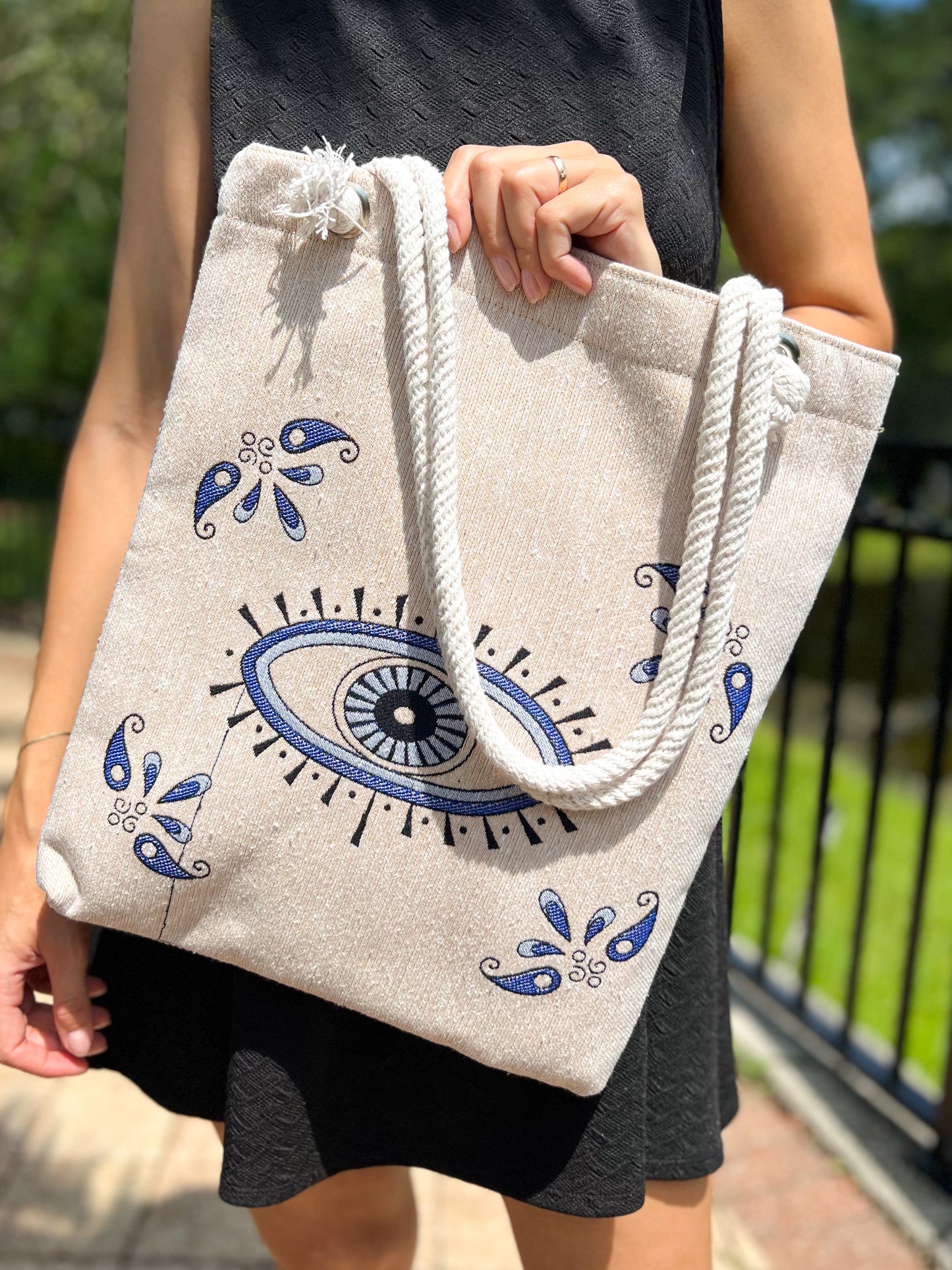 Evil Eye Tote Bag, Fabric Beach Bag, Coastal Bag for Women