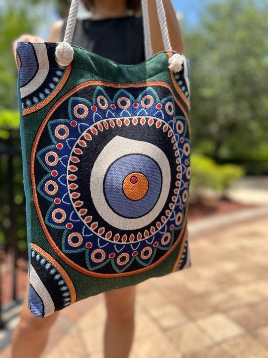 Handcrafted Evil Eye Tote Bag, Woven Fabric Shoulder Bag