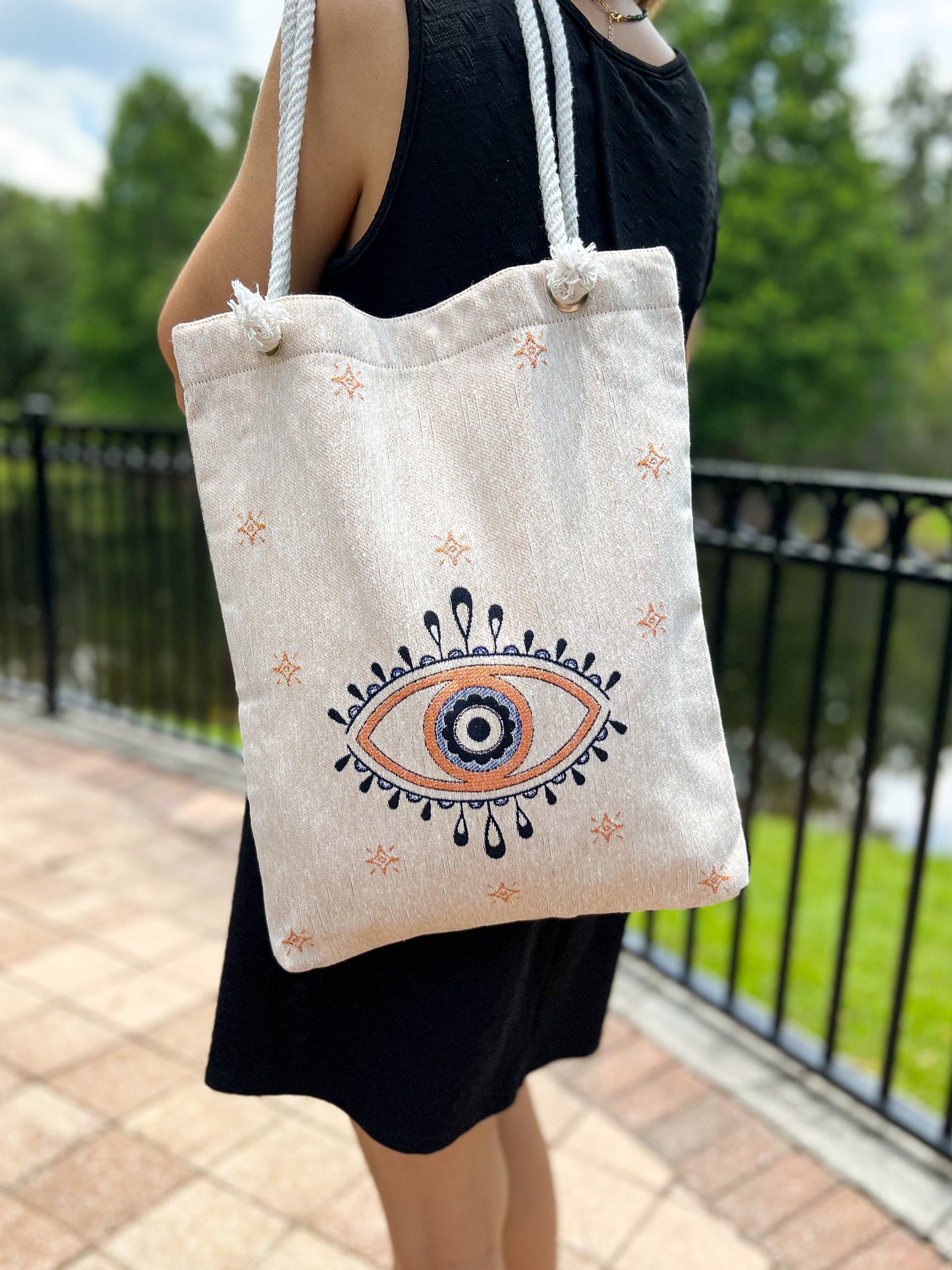 Evil Eye Beach Bag, Woven Tote Bag, Boho Shoulder Bag