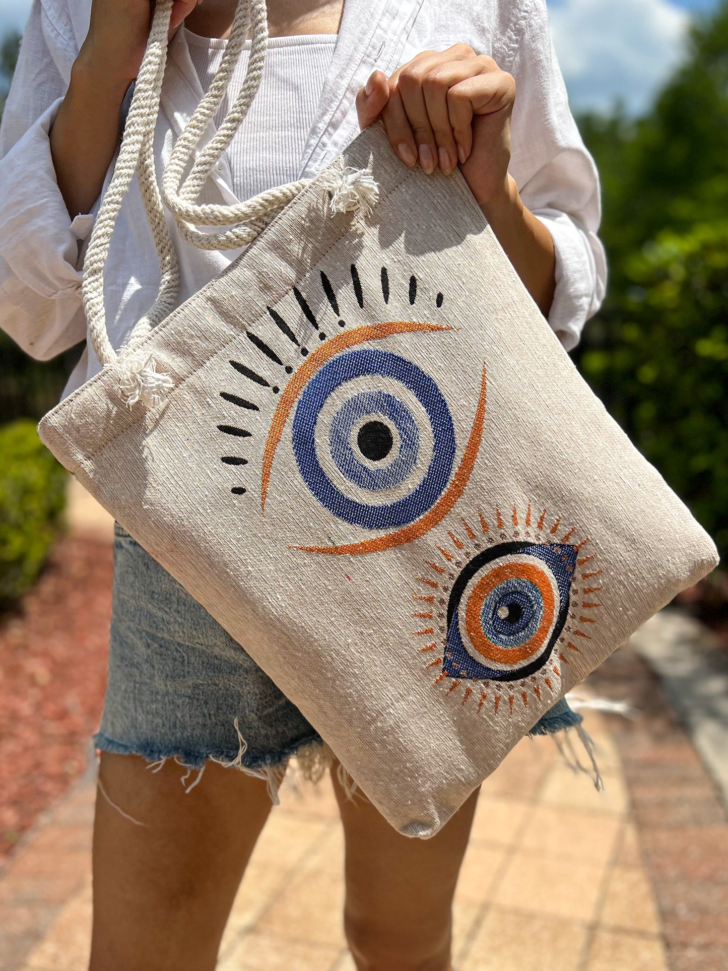 Evil Eye Shoulder Bag, Woven Fabric Tote Bag, Beach Bag