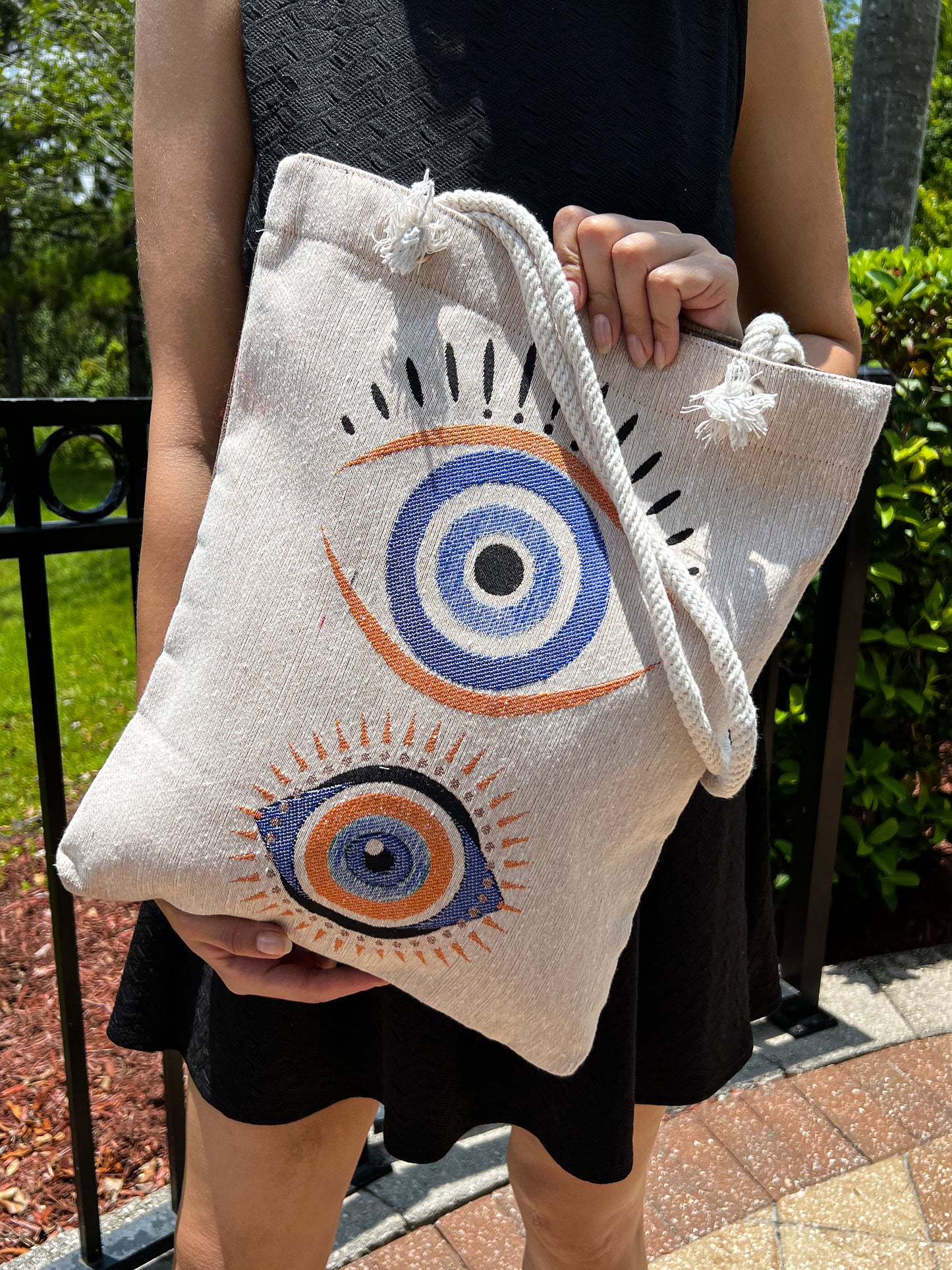 Evil Eye Shoulder Bag, Woven Fabric Tote Bag, Beach Bag