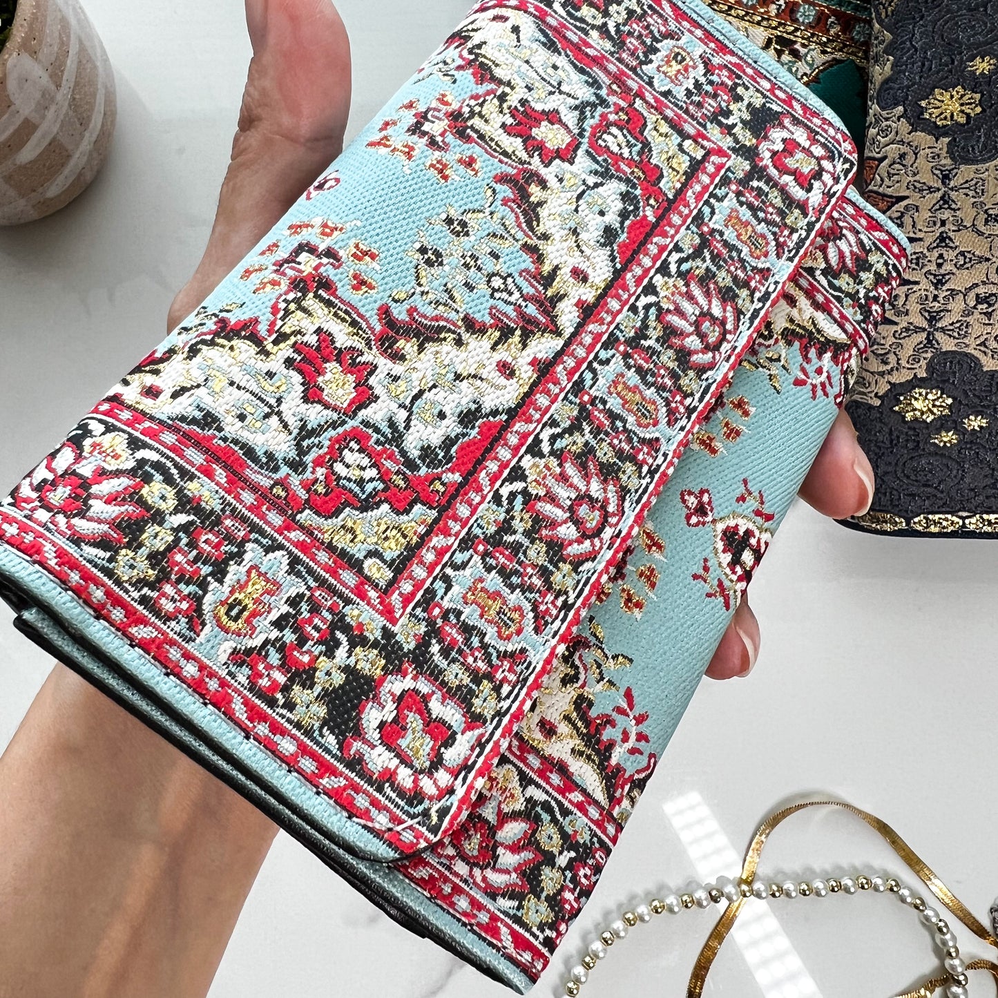 Turquoise Small Trifold Wallet, Boho Wallet, Cute Small Fabric Wallet