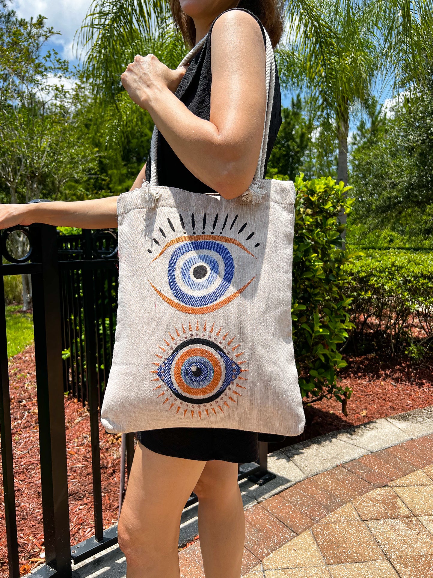Evil Eye Shoulder Bag, Woven Fabric Tote Bag, Beach Bag
