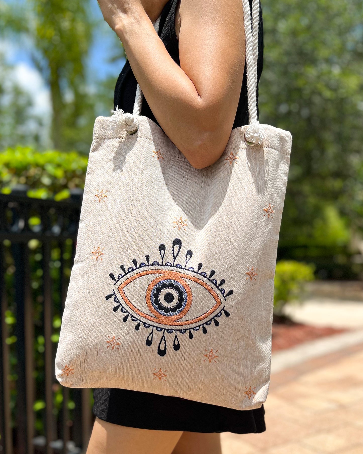 Evil Eye Beach Bag, Woven Tote Bag, Boho Shoulder Bag