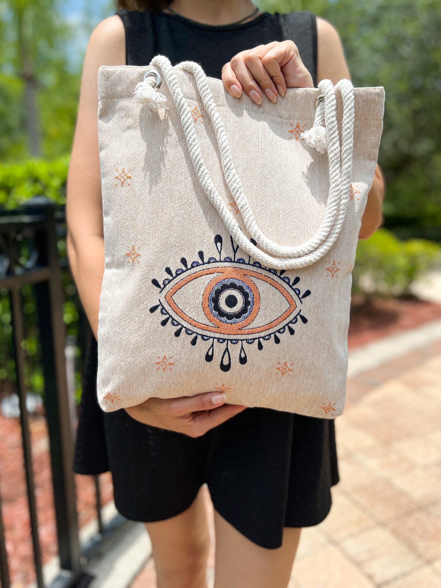 Evil Eye Beach Bag, Woven Tote Bag, Boho Shoulder Bag