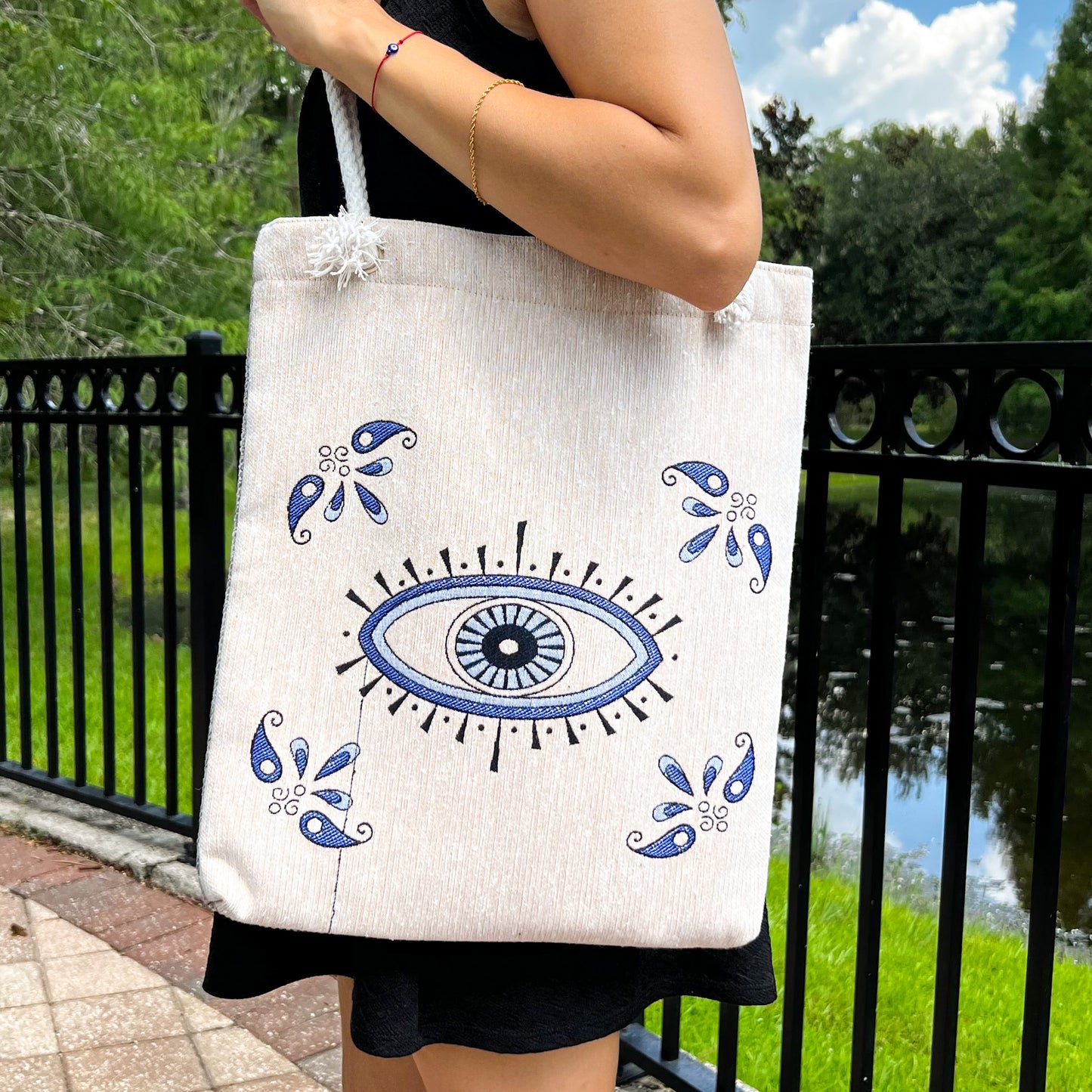 Evil Eye Tote Bag, Fabric Beach Bag, Coastal Bag for Women