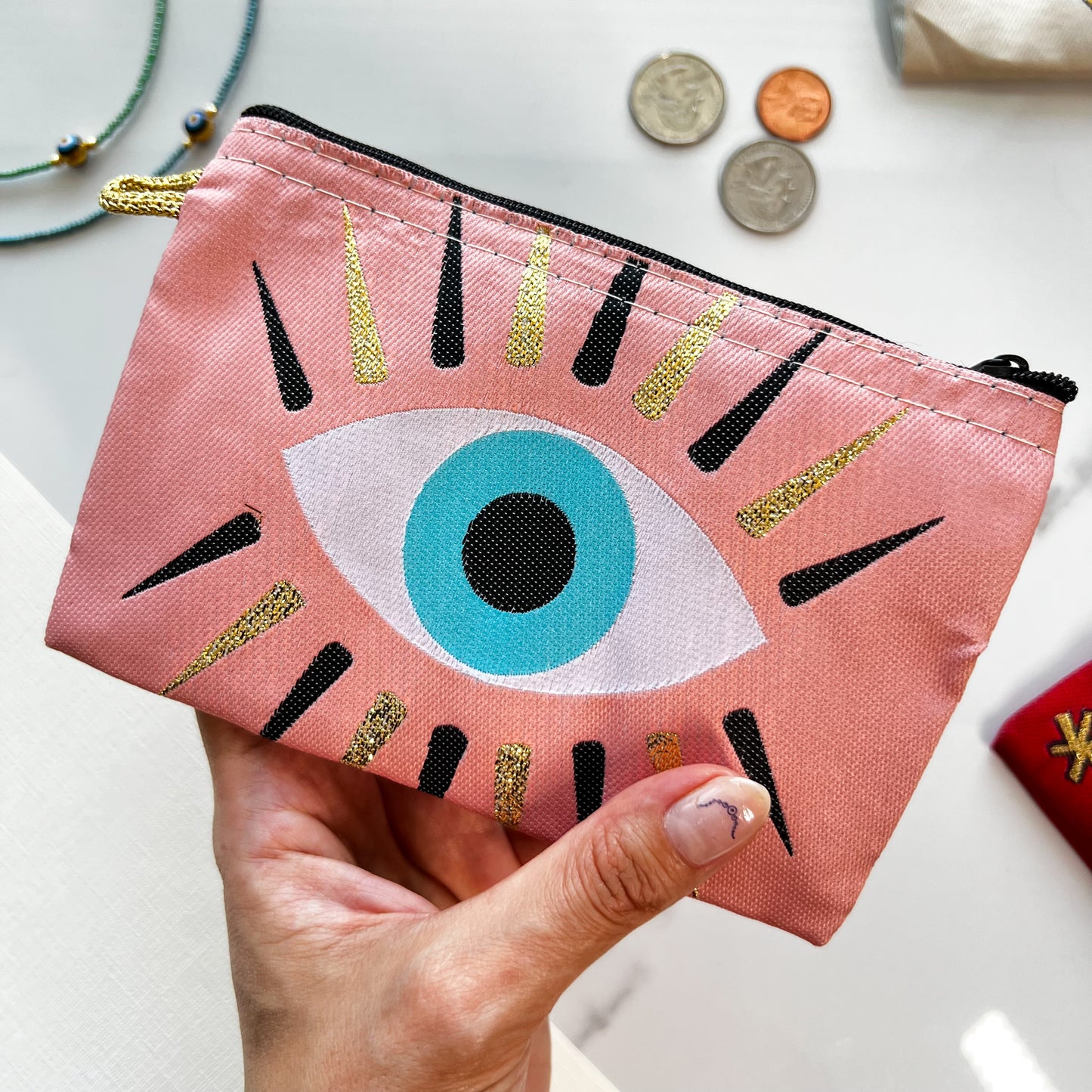 Cute Boho Coin Purse, Evil Eye Coin Purse, Handmade Zipper Pouch