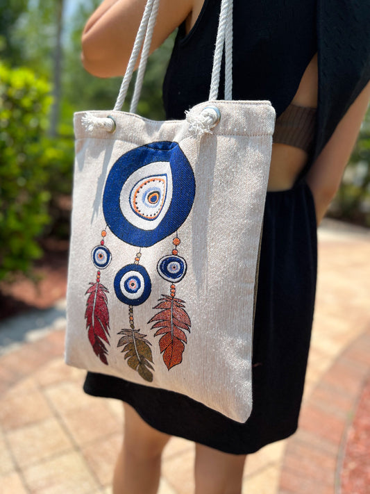 Evil Eye Shoulder Bag, Boho Tote Bag, Fabric Beach Bag
