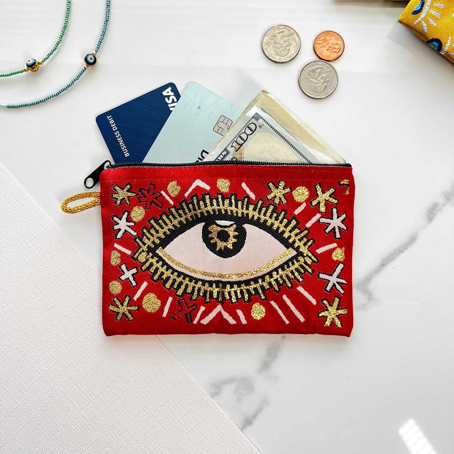 Evil Eye Coin Purse, Bohemian Zipper Pouch, Handmade Coin Purse