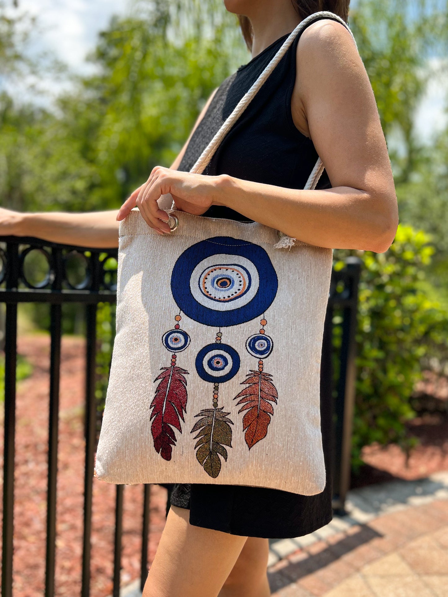 Evil Eye Shoulder Bag, Boho Tote Bag, Fabric Beach Bag